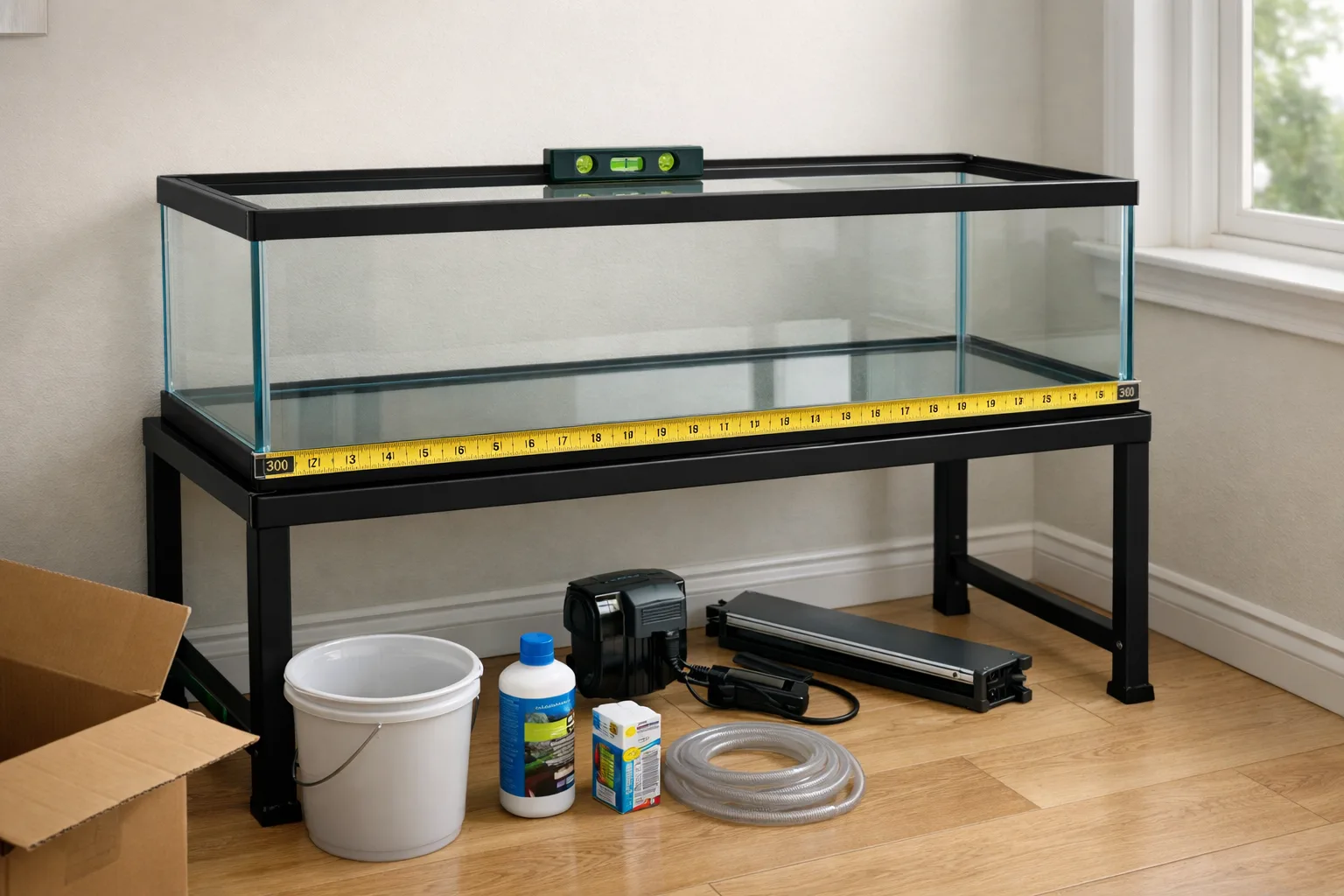 Empty 20 gallon long fish tank on black stand with measuring tape and level in a bright room