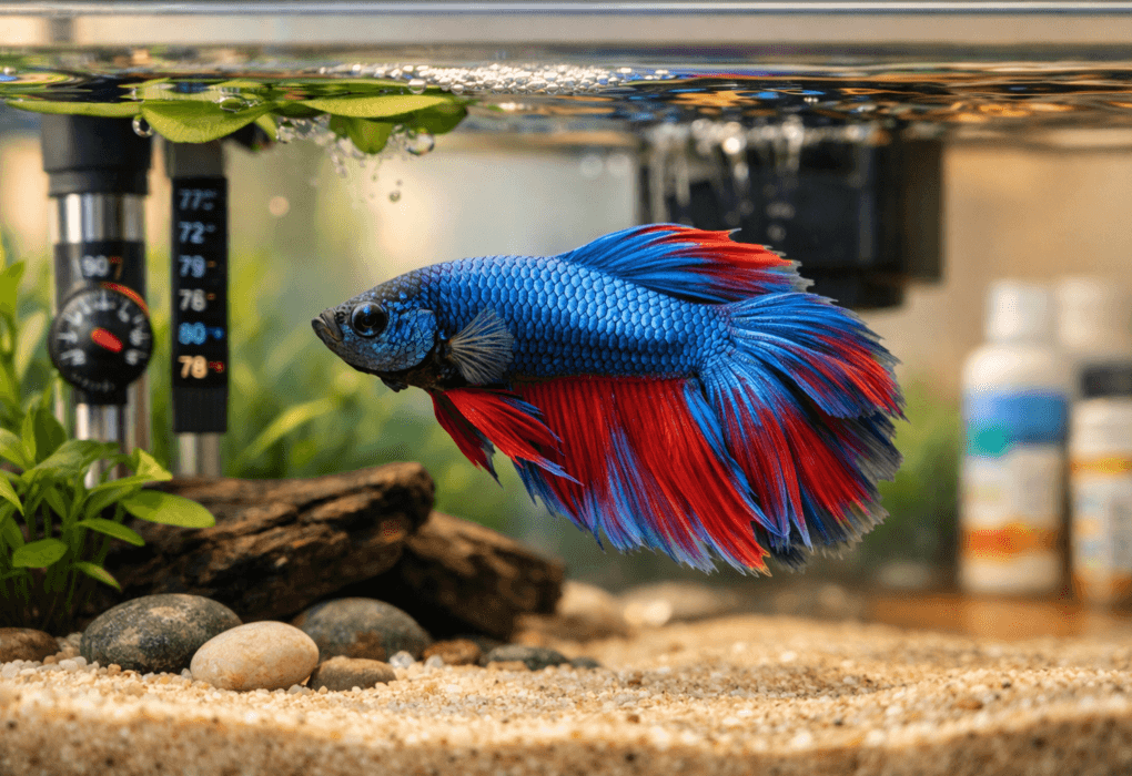 Betta fish in a clean aquarium for betta fish, with plants, heater, and rippling water.