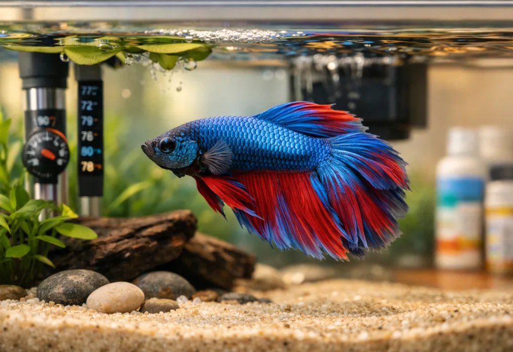 Betta fish in a clean aquarium for betta fish, with plants, heater, and rippling water.