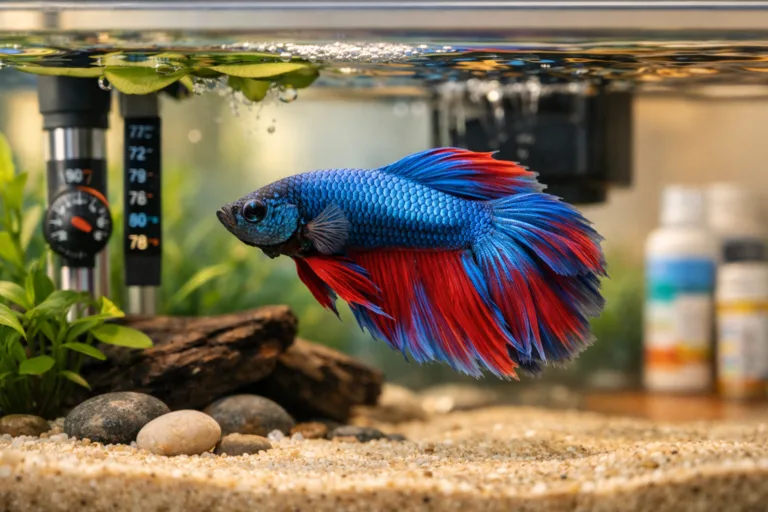 Betta fish in a clean aquarium for betta fish, with plants, heater, and rippling water.