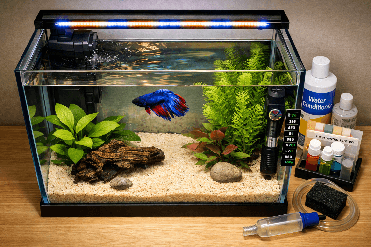 Overhead view of an aquarium for betta fish with a betta, plants, heater, filter, and clear water.