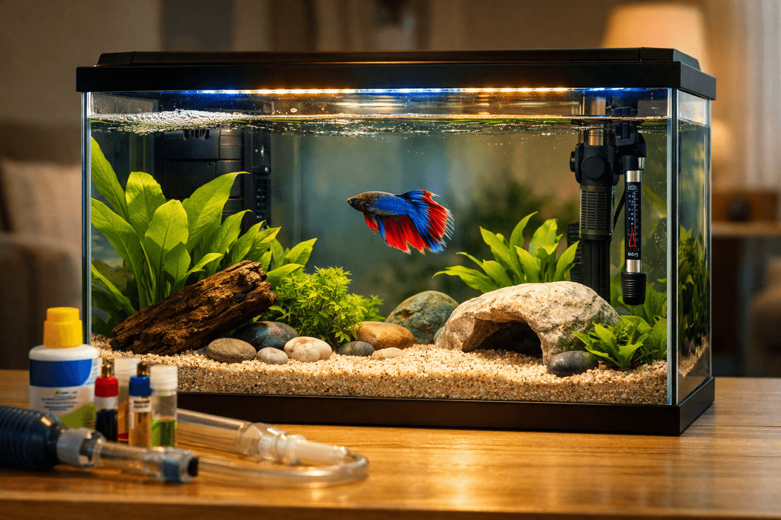 Neat aquarium for betta fish with a betta, plants, driftwood, heater, and bubble nest.