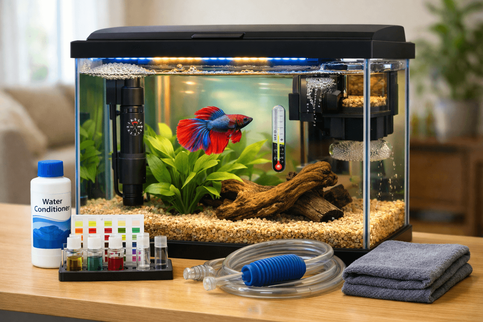 Betta fish in a 5-gallon aquarium for betta fish with plants, heater, filter, and care supplies on a desk.