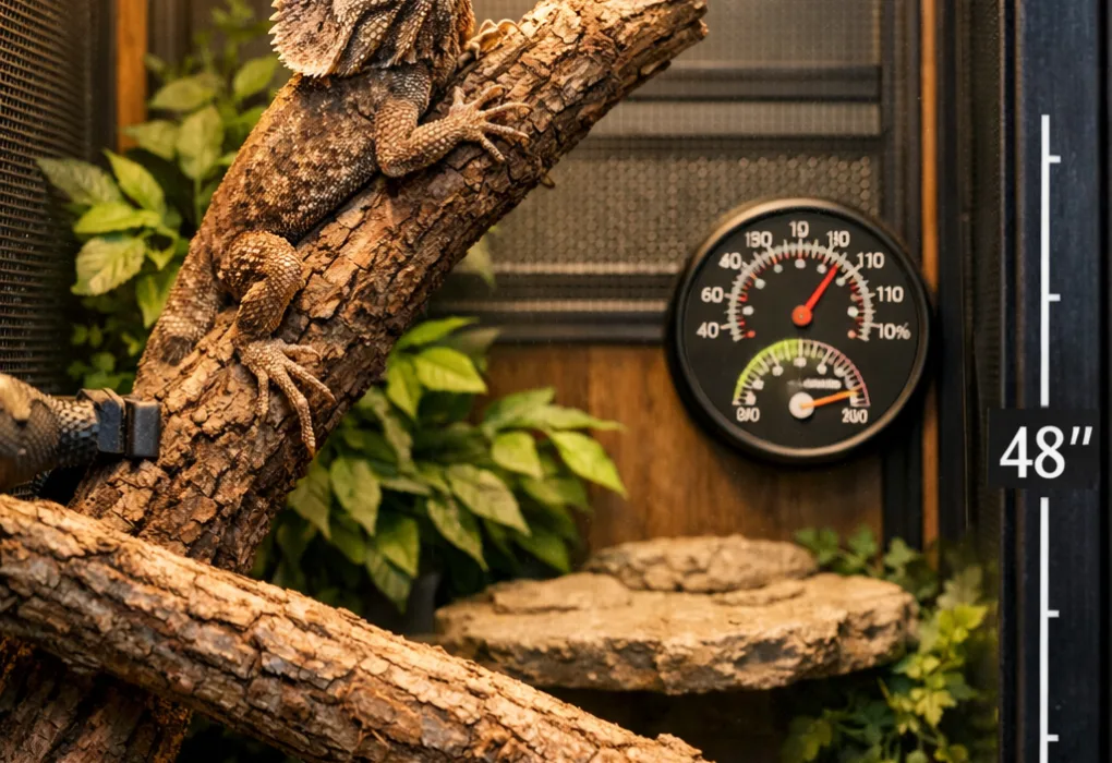 Juvenile lizard frilled on branch in tall mesh reptile enclosure with basking lamp and greenery.