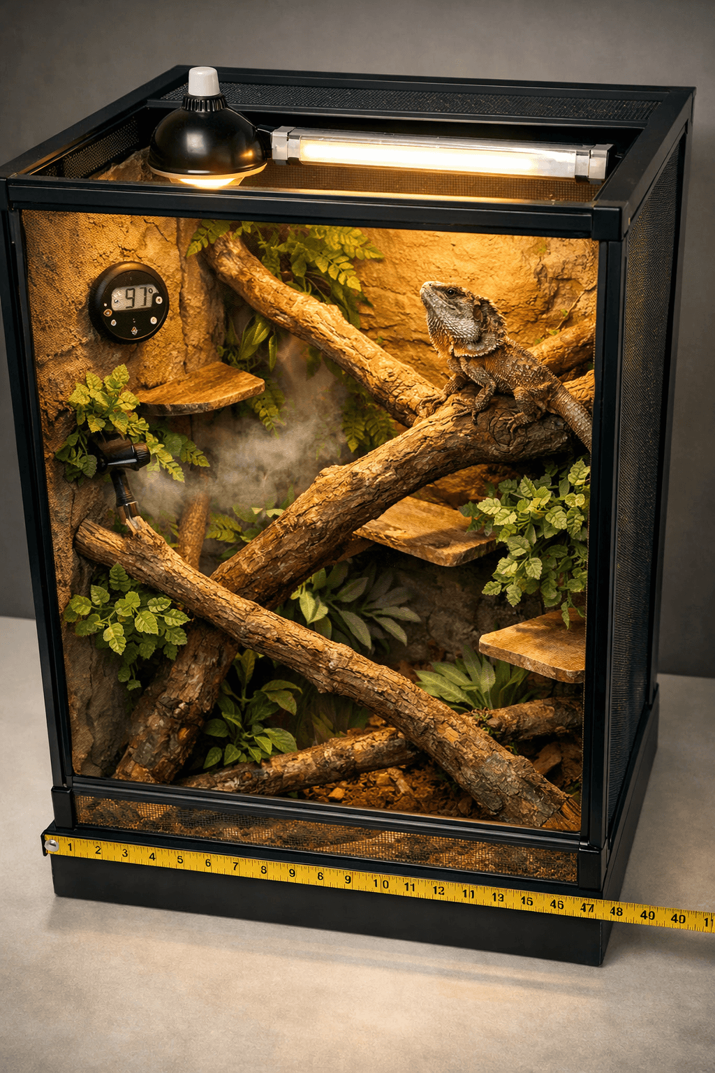 Overhead view of lizard frilled enclosure with basking lamps, branches, and a frilled dragon