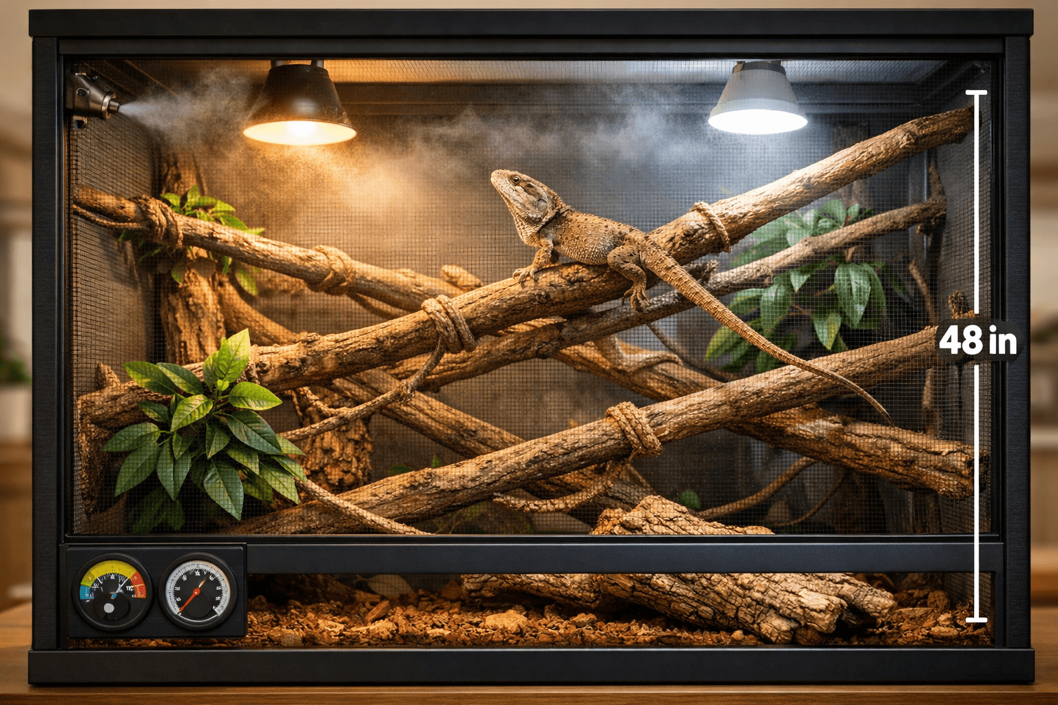 Juvenile lizard frilled perched on branch in tall mesh reptile enclosure with basking lights and plants