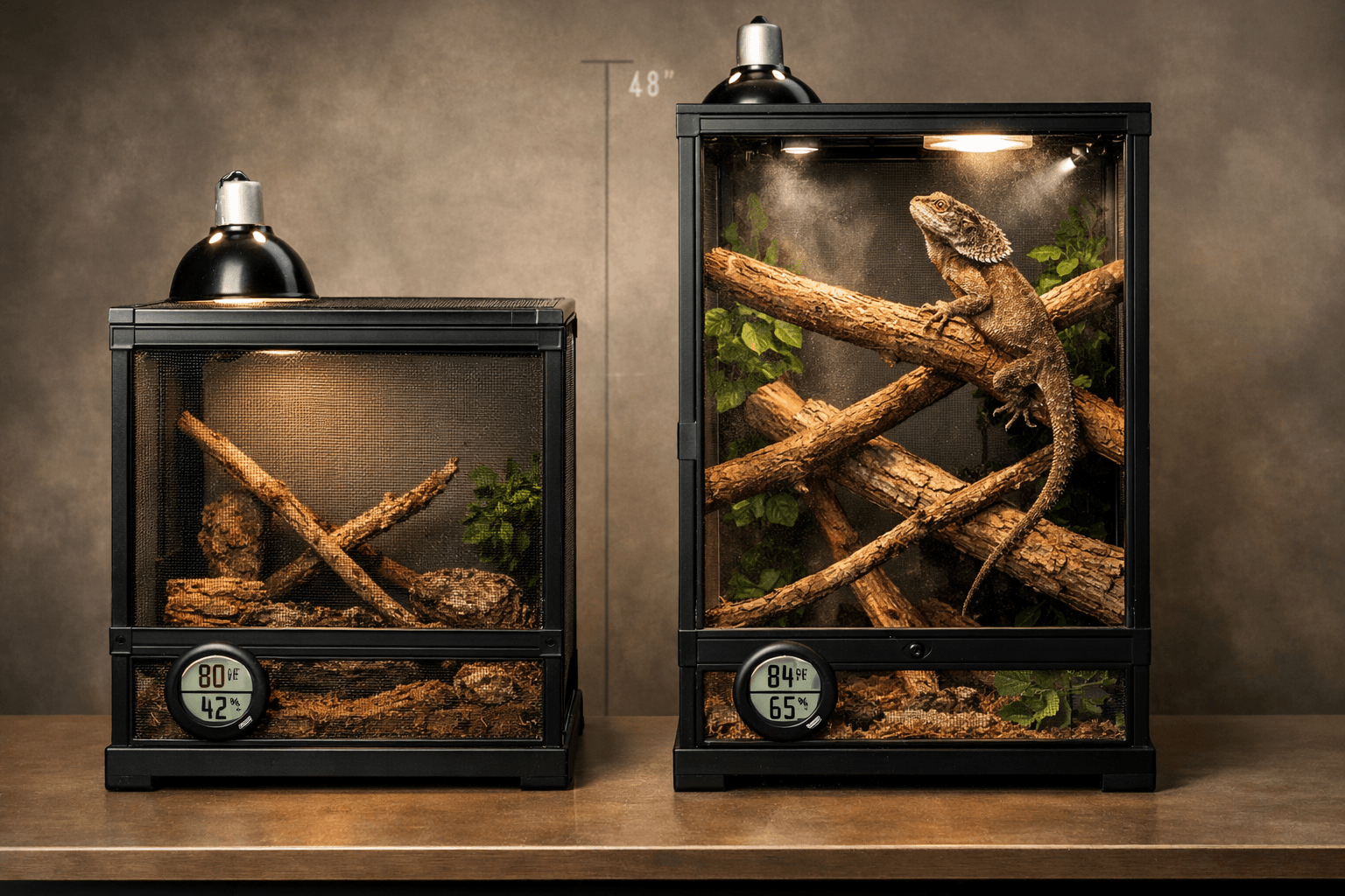 Side-by-side arboreal reptile enclosures: lizard frilled in a tall habitat beside a short mesh tank.