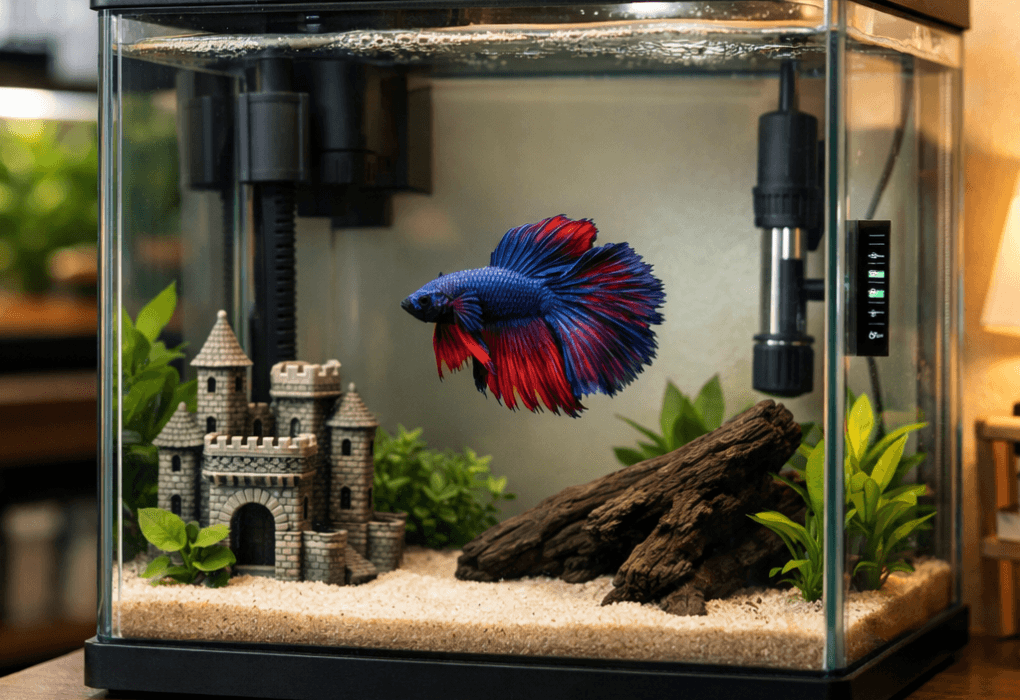 5 gallon tank betta in clear aquarium with driftwood, faux castle, plants, heater, and filter.
