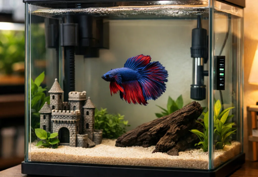 5 gallon tank betta in clear aquarium with driftwood, faux castle, plants, heater, and filter.