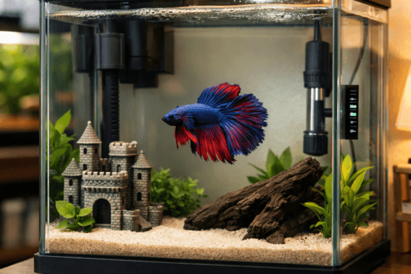 5 gallon tank betta in clear aquarium with driftwood, faux castle, plants, heater, and filter.