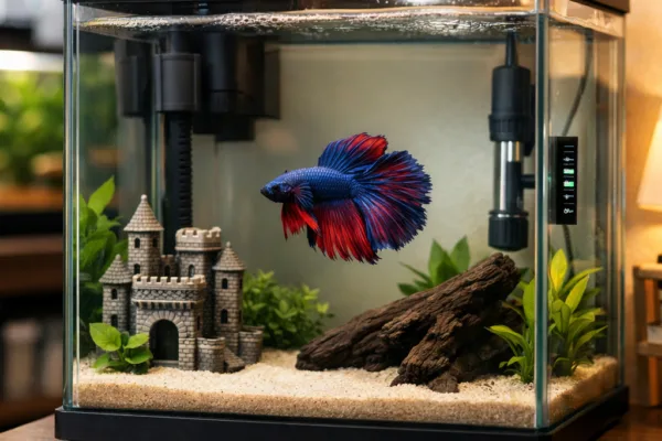 5 gallon tank betta in clear aquarium with driftwood, faux castle, plants, heater, and filter.