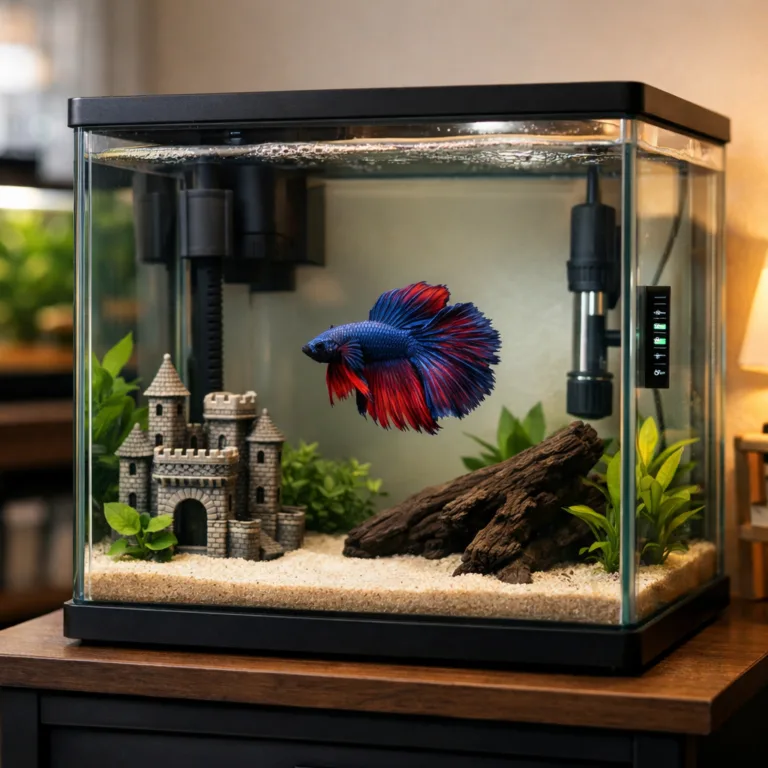 5 gallon tank betta in clear aquarium with driftwood, faux castle, plants, heater, and filter.