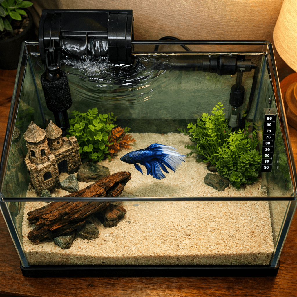 Overhead 5 gallon tank betta gliding in clear aquascape with driftwood, plants, castle, filter.