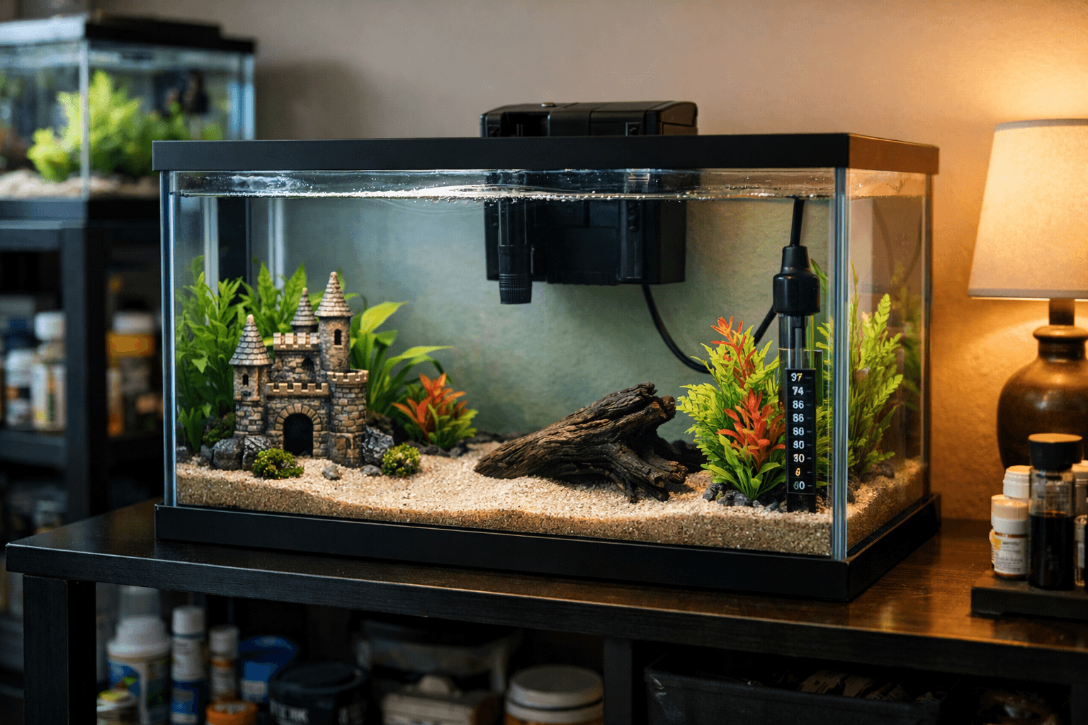5 gallon tank betta setup in a clear fishless aquarium with plants, driftwood, castle, and filter
