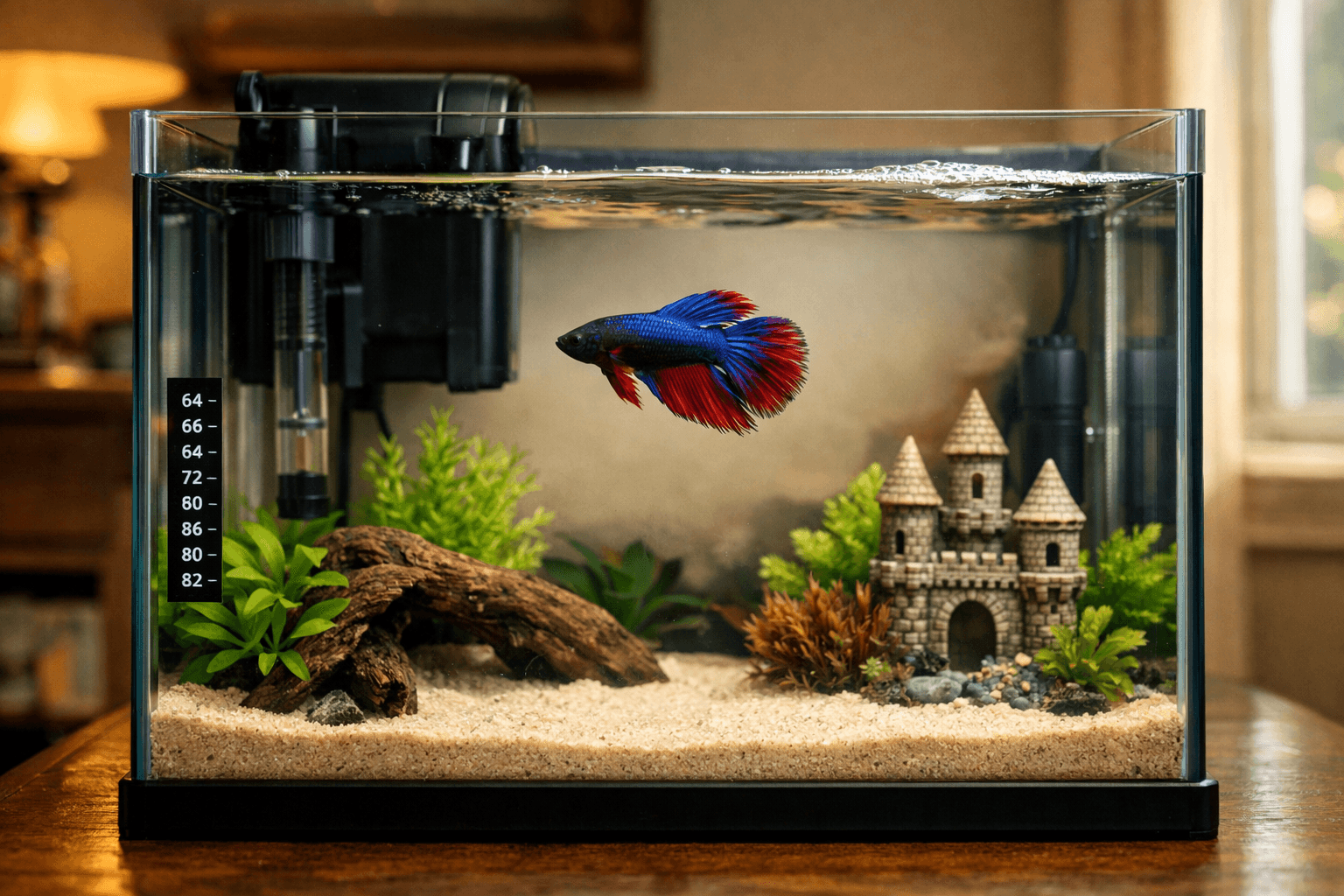 5 gallon tank betta swimming in a clear rectangular aquarium with plants, driftwood, and filter equipment