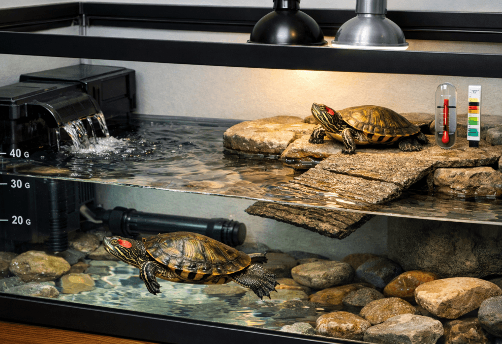 terrapin red eared slider swimming in clear tank, one basking under heat lamp