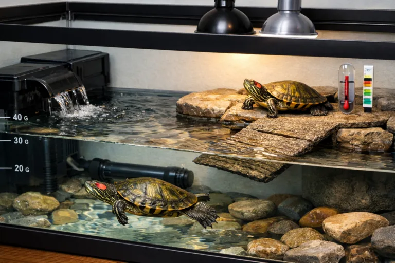 terrapin red eared slider swimming in clear tank, one basking under heat lamp