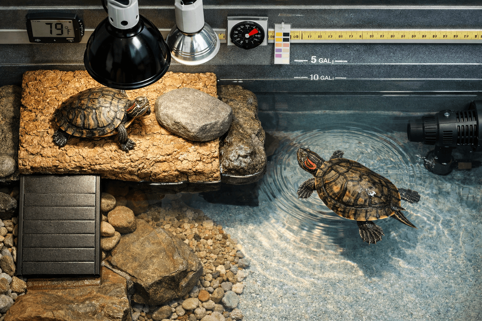 Overhead view of terrapin red eared slider in clean tank, one basking and one swimming under heat lamp.