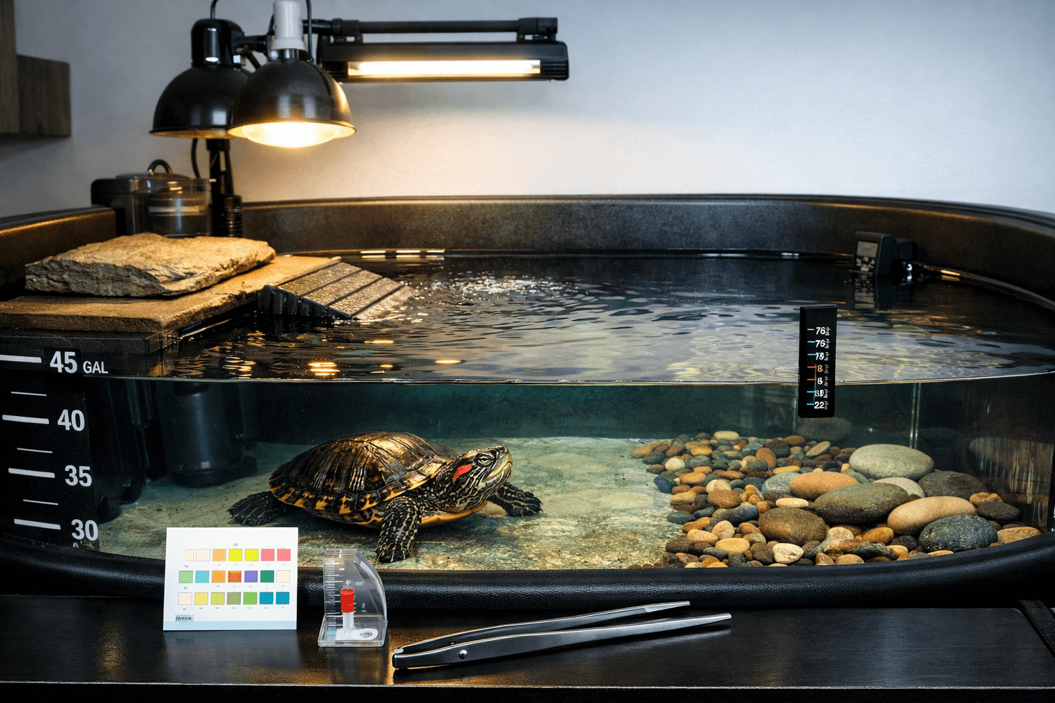 terrapin red eared slider in a clear tank with basking dock, heat lamp, filter, and water test tools