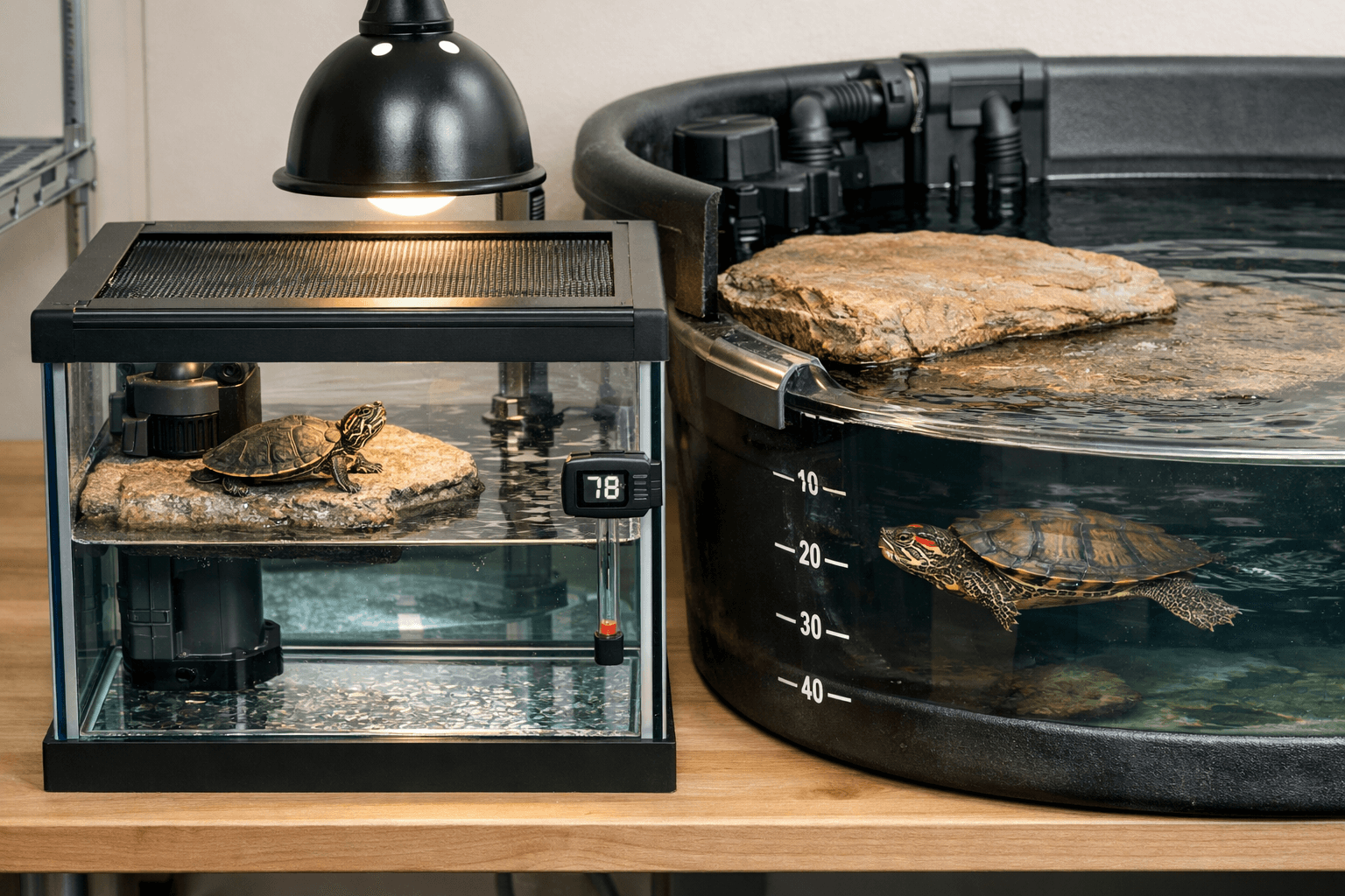 Juvenile and adult terrapin red eared slider tanks side by side, showing habitat and size difference.