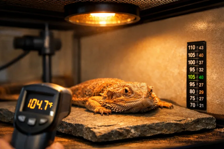 Bearded dragon basking on slate under reptile heat light bulb, with temp gun nearby.