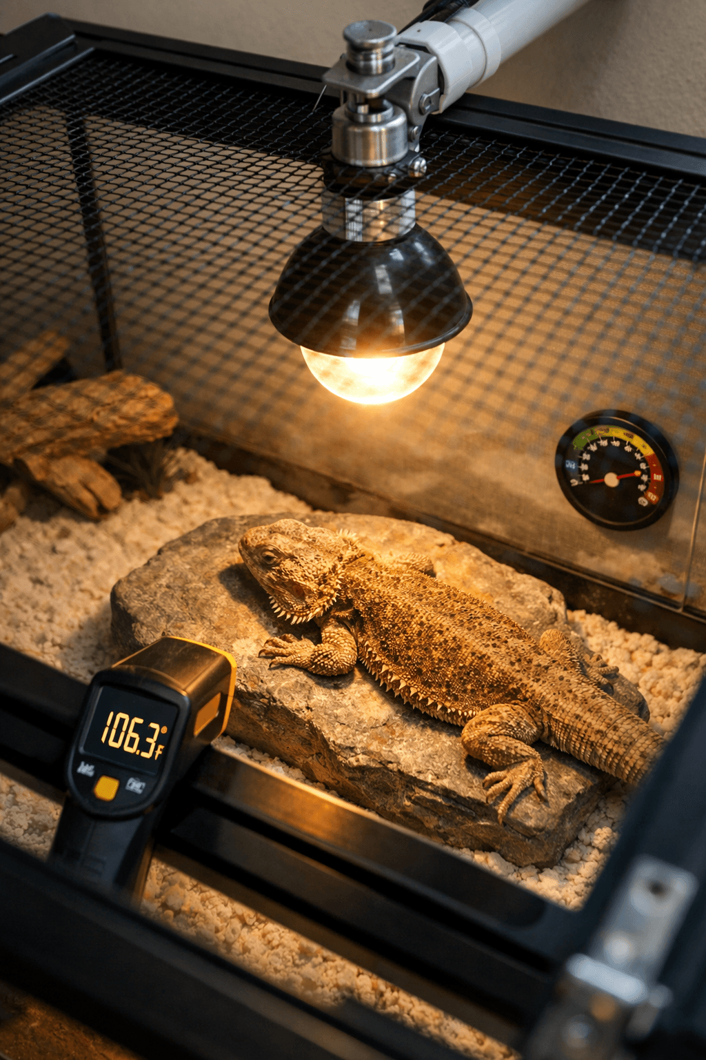 Overhead bearded dragon terrarium under reptile heat light bulb, temp gun beside tank.