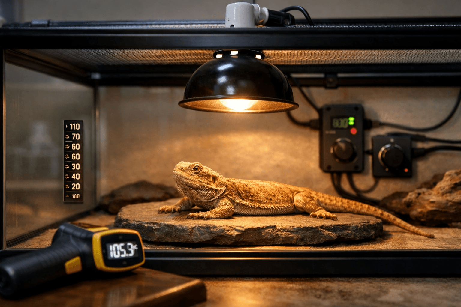 Bearded dragon basking on heated slate under reptile heat light bulb, with thermometer and temp gun nearby.