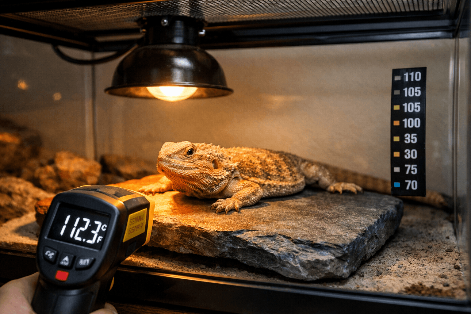 Bearded dragon on basking stone under reptile heat light bulb, with infrared temp gun in foreground.