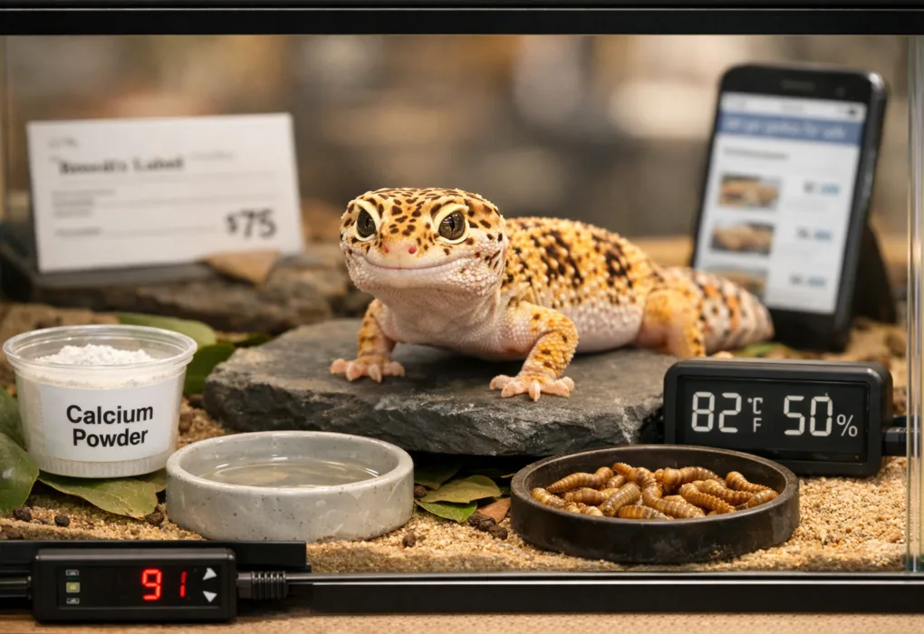 Leopard gecko in glass terrarium with calcium, mealworms and pet geckos for sale sign