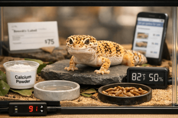 Leopard gecko in glass terrarium with calcium, mealworms and pet geckos for sale sign