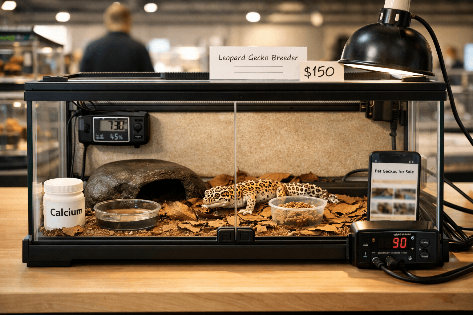 Leopard gecko in quarantine terrarium at expo, with label and phone showing pet geckos for sale