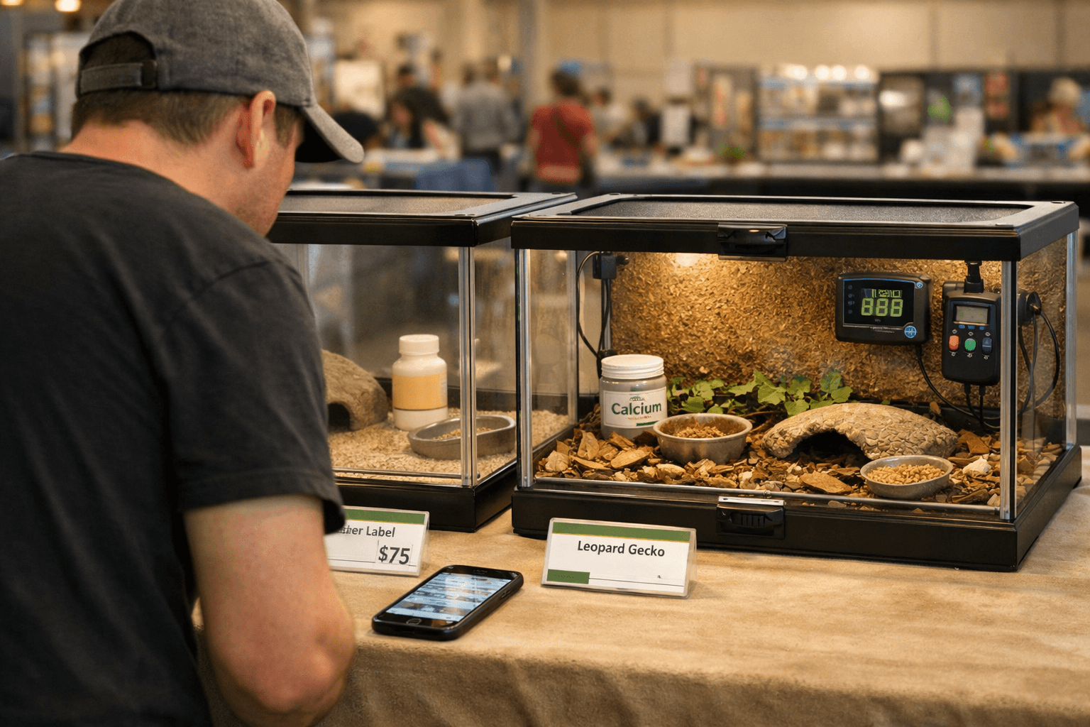 Handler compares two leopard gecko tanks at expo; smartphone shows pet geckos for sale