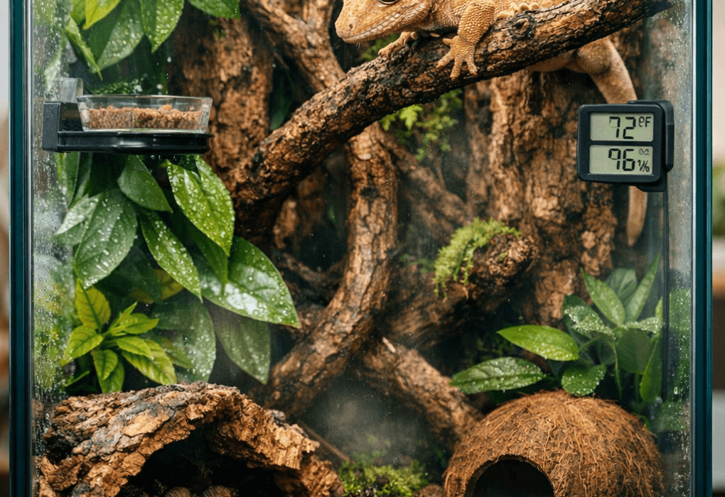 crested gecko 20 gallon tank with gecko on branch, plants, cork bark, and feeding ledge.