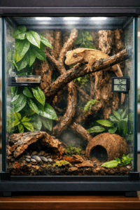 crested gecko 20 gallon tank with gecko on branch, plants, cork bark, and feeding ledge.