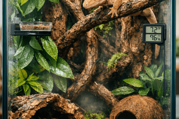 crested gecko 20 gallon tank with gecko on branch, plants, cork bark, and feeding ledge.