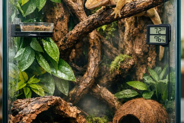 crested gecko 20 gallon tank with gecko on branch, plants, cork bark, and feeding ledge.