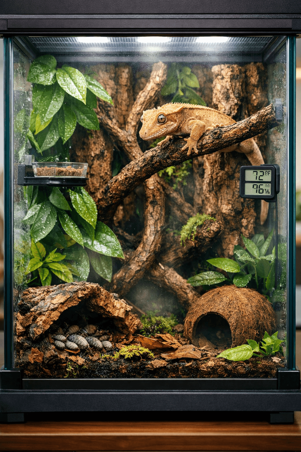 crested gecko 20 gallon tank with gecko on branch, plants, cork bark, and feeding ledge.