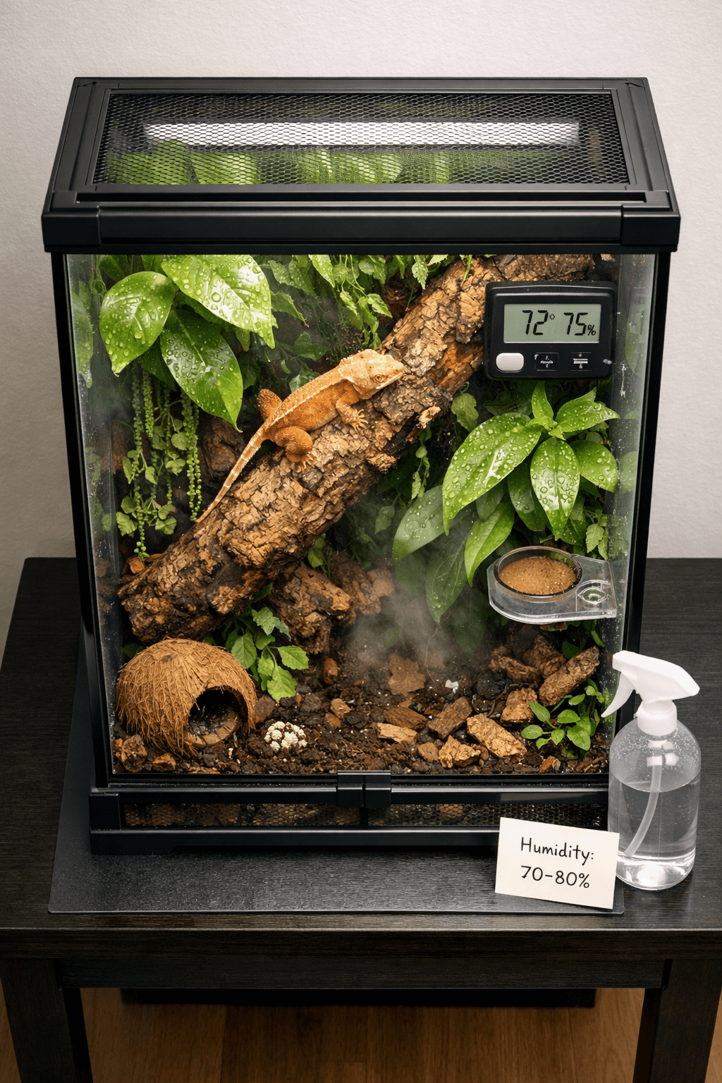 Top-down crested gecko 20 gallon tank with gecko on cork bark, misted plants, and humidity gauge.
