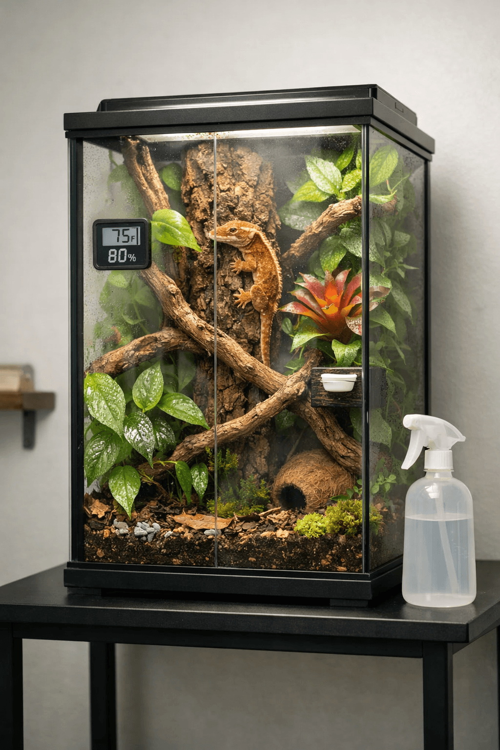 Crested gecko 20 gallon tank with gecko on cork bark, lush plants, misty bioactive vivarium.