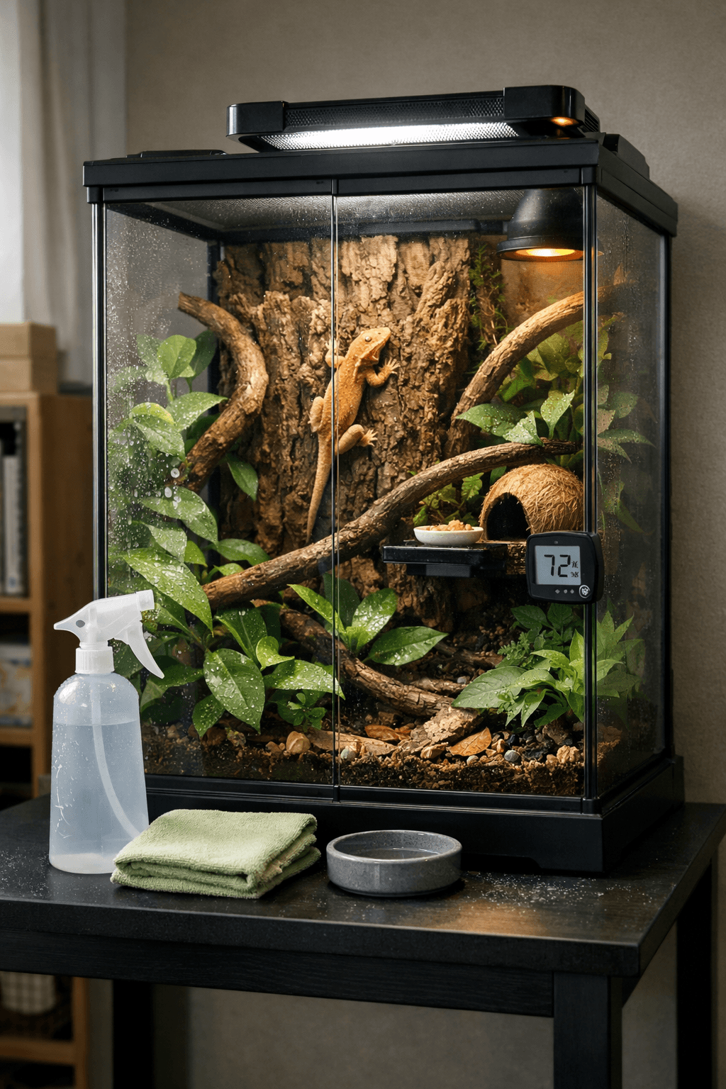 Crested gecko 20 gallon tank with gecko on cork bark, plants, feeding ledge, and misting bottle in a tidy room