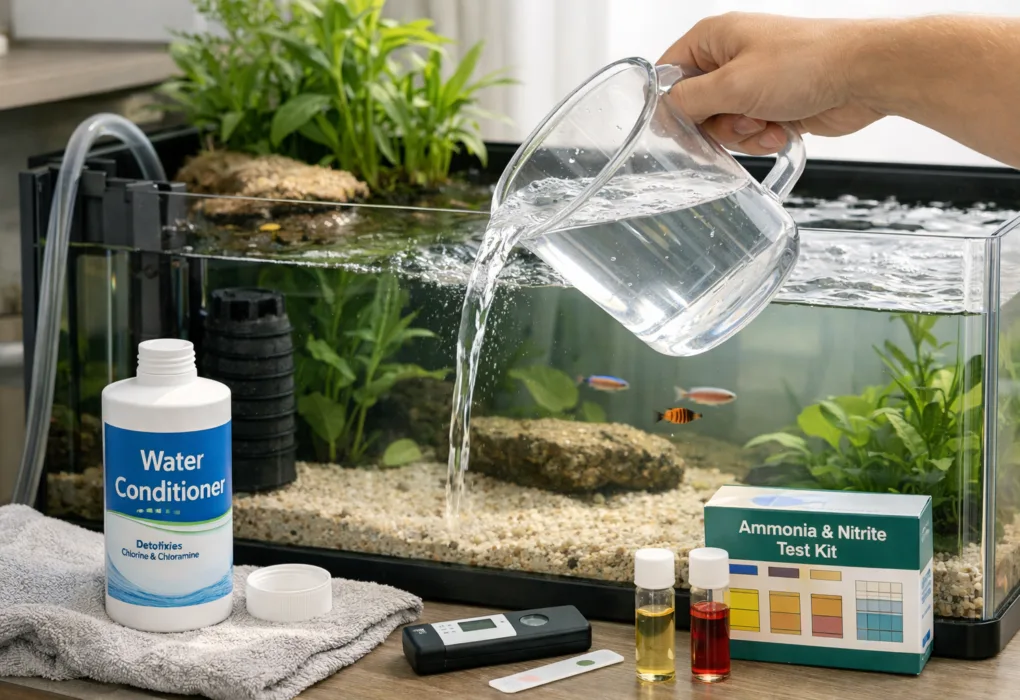 Hand pours water into freshwater aquarium; aquarium water conditioning bottle and test kit beside tank.