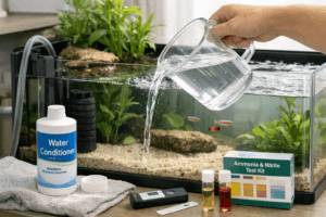 Hand pours water into freshwater aquarium; aquarium water conditioning bottle and test kit beside tank.