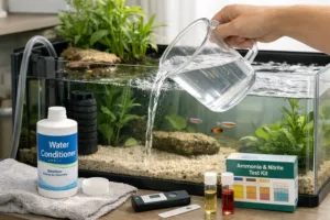 Hand pours water into freshwater aquarium; aquarium water conditioning bottle and test kit beside tank.
