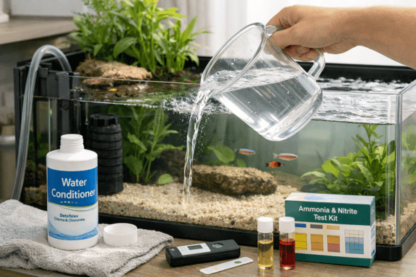Hand pours water into freshwater aquarium; aquarium water conditioning bottle and test kit beside tank.