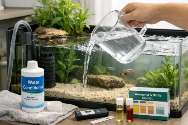 Hand pours water into freshwater aquarium; aquarium water conditioning bottle and test kit beside tank.
