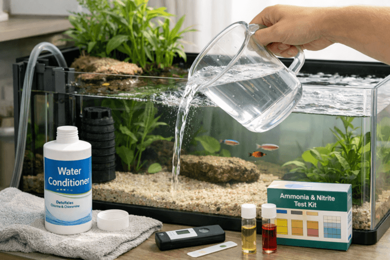 Hand pours water into freshwater aquarium; aquarium water conditioning bottle and test kit beside tank.
