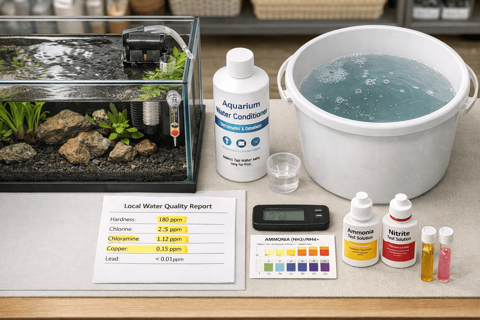 Aquarium water conditioning setup with tank, conditioner bottle, test kit, and water report.