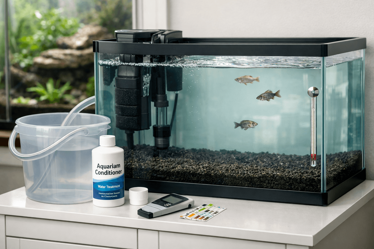 Freshwater aquarium maintenance station with stressed fish, filter gear, and aquarium water conditioning setup.