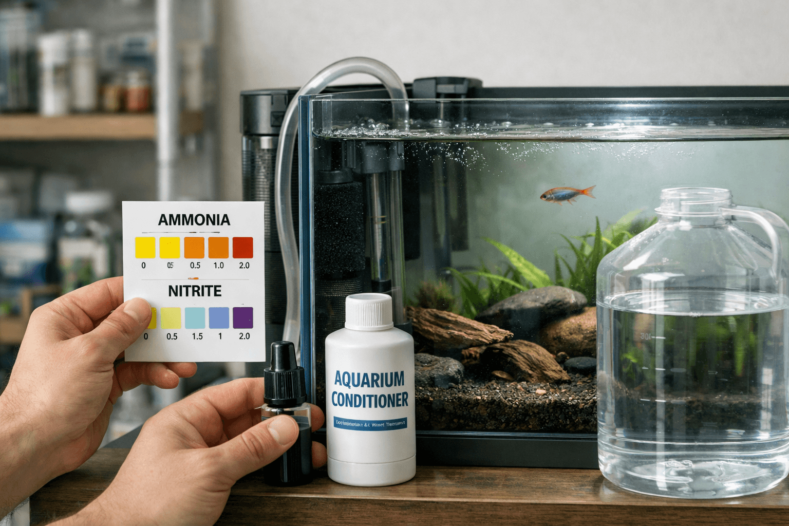 Aquarium water conditioning test strip beside clear tank, conditioner bottle, and fish