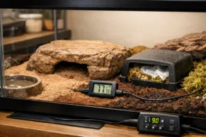 African fat tailed gecko terrarium with warm hide, humid moss hide, water bowl, and heat mat